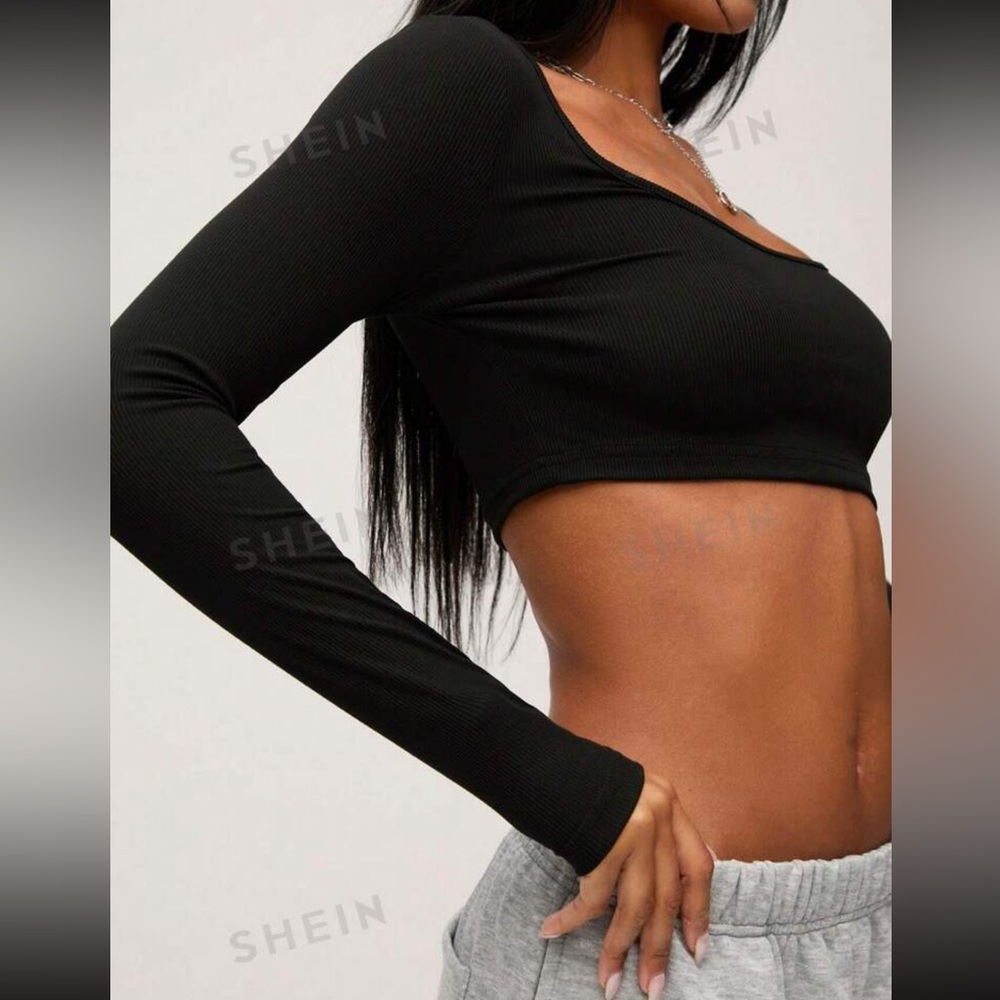 Shein Black Ribbed Long-Sleeve Crop Top - Size Medium